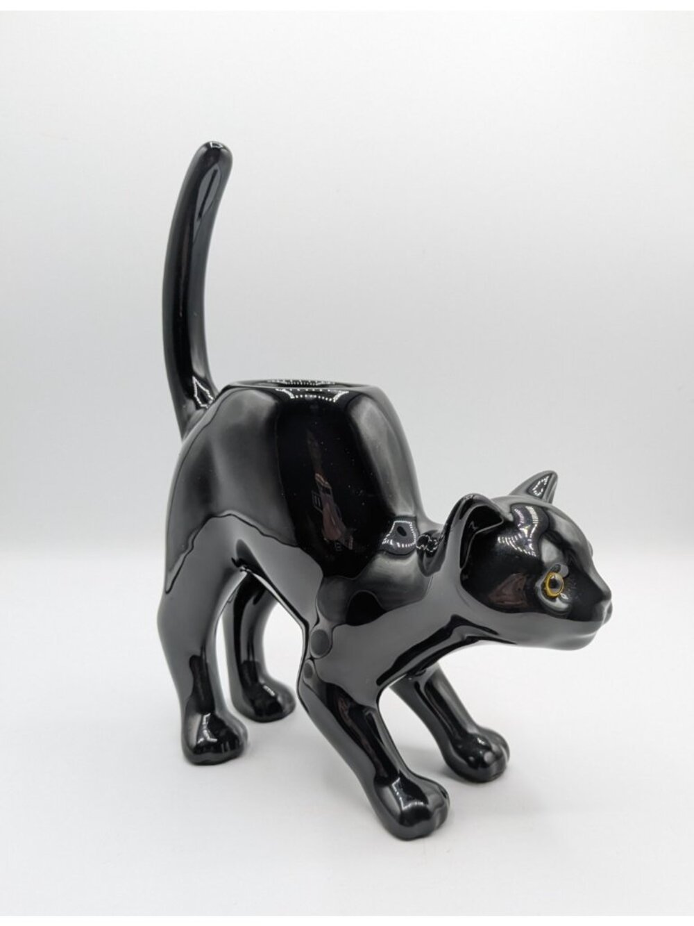 PartyLite Black Cat Halloween Tea Light Candle Holder Yellow Eyes Ceramic 8" - Picture 3 of 10